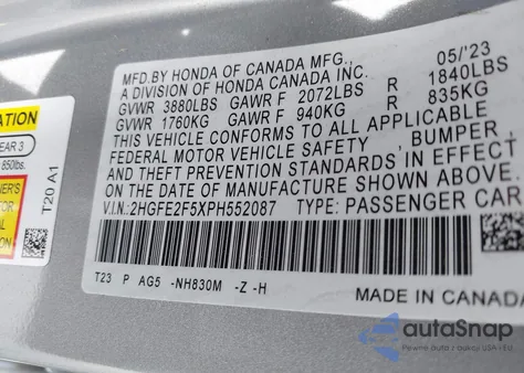 2023 Honda Civic Sport from USA, damaged, VIN 2HGFE2F5XPH552087